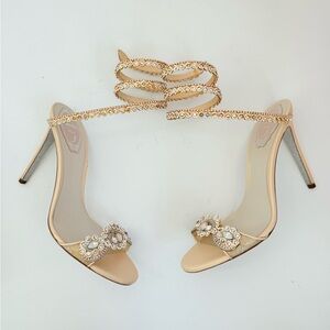 Rene Caovilla Beige Multicolor crystal embellished Wrap around ankle heels 39.5